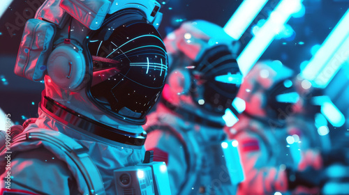 Futuristic astronauts in a space station with glowing blue and red neon lights. High-tech sci-fi mission scene and cosmic exploration.