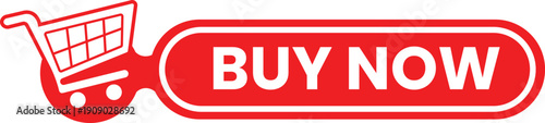 A red shopping cart icon with a buy now button on a white background for online shopping