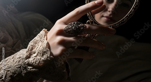 Wallpaper Mural Woman admiring reflection holding ornate mirror elegant attire soft lighting Torontodigital.ca