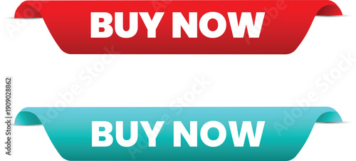A colorful graphic illustration of two buy now ribbons on a white background for marketing purposes