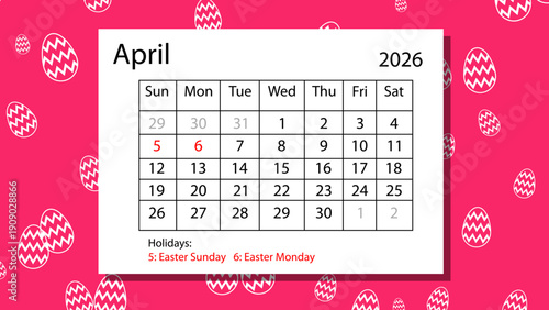 April 2026 Easter Day Calendar Design on easter eggs Background Vector Art