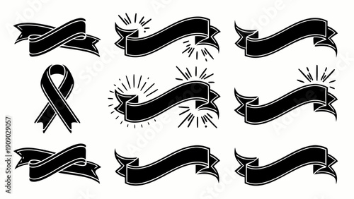 Collection of hand drawn black ribbon banners and awareness ribbon icons on white background