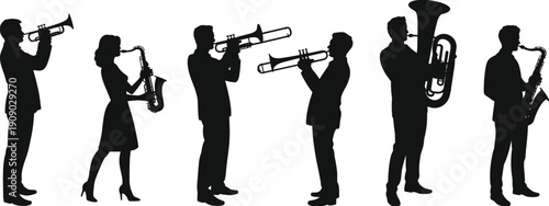 Jazz band musician silhouettes collection, people playing trumpet saxophone and trombone, live music performance isolated black vector illustration for design projects use