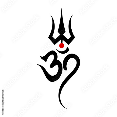 Hindu Om Symbol with Trishul Vector Illustration in Black and Red