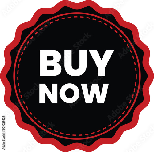 A red and black buy now sticker on a white background for online shopping