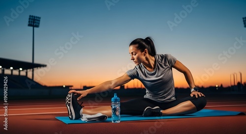 Wallpaper Mural Woman stretches on mat at dusk on track field Torontodigital.ca