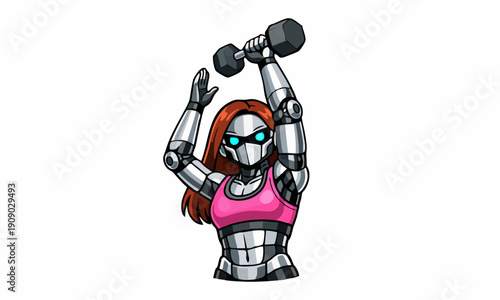 Robot athlete lifting dumbbell cartoon illustration