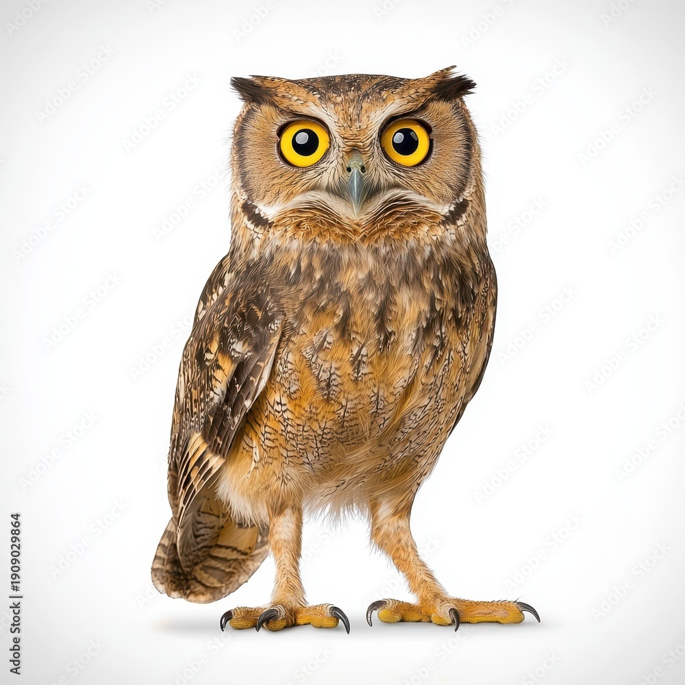 Obraz premium Detailed Full Body Owl with Brown and Yellow Speckled Feathers on White Background