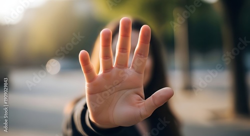 Wallpaper Mural Womans hand showing stop gesture against blurry background Torontodigital.ca