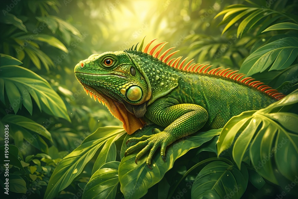 Obraz premium A detailed 3D illustration of an iguana resting among lush jungle leaves. With strong depth with sharp foreground scales and soft blurred background foliage, vibrant green tone, realistic skin texture