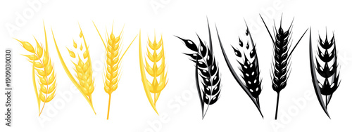 Wheat icon set silhouette vector illustration. Black silhouette icons of wheat stalks. Farm wheat ears icon set. 
