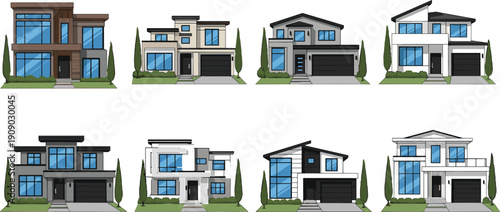 Large collection of modern luxury house exterior vector illustrations featuring contemporary architectural designs with flat roofs, large windows, and elegant landscaping for real estate.