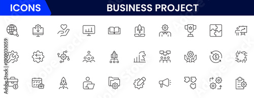 Business set of web icons in linear style. Business Project icons for web and mobile apps. Business, organisation management, planning, project, startup, marketing, teamwork. Vector illustration
