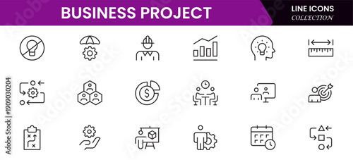 Business set of web icons in linear style. Business Project icons for web and mobile apps. Business, organisation management, planning, project, startup, marketing, teamwork. Vector illustration