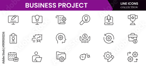 Business set of web icons in linear style. Business Project icons for web and mobile apps. Business, organisation management, planning, project, startup, marketing, teamwork. Vector illustration