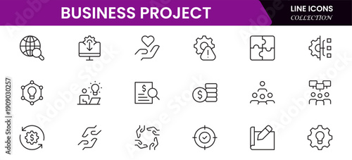 Business set of web icons in linear style. Business Project icons for web and mobile apps. Business, organisation management, planning, project, startup, marketing, teamwork. Vector illustration