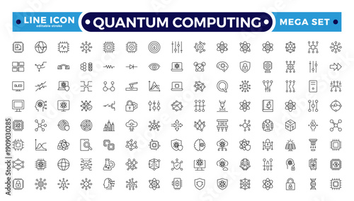 Quantum Computing outline icon set for AI Hardware and Acceleration, Featuring GPU Card, AI Accelerator Chip, Server Rack, CPU, RAM, Motherboard, Data Flow. Editable stroke outline icon.
