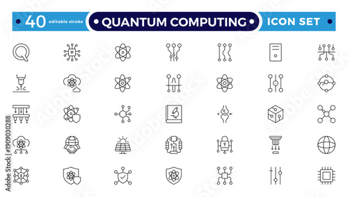 Quantum Computing outline icon set for AI Hardware and Acceleration, Featuring GPU Card, AI Accelerator Chip, Server Rack, CPU, RAM, Motherboard, Data Flow. Editable stroke outline icon.
