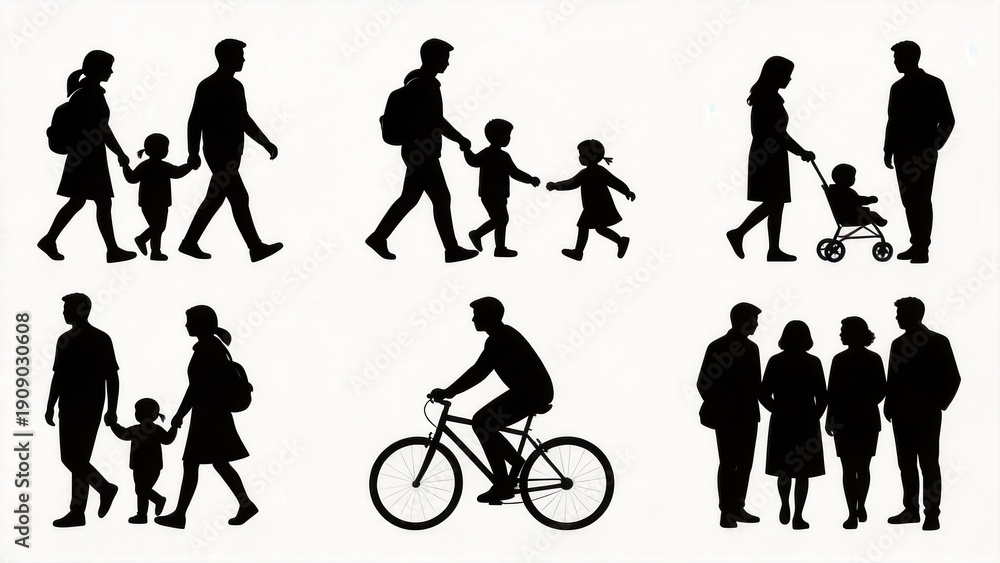 Obraz premium Silhouettes of families and individuals in daily activities,walking cycling and parenting scenes,modern lifestyle illustration expressing relationships,movement and human connection