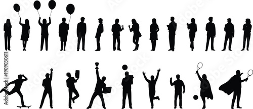 People silhouette collection, diverse human activities poses set including celebration, business, sport and leisure figures isolated on white background for design projects