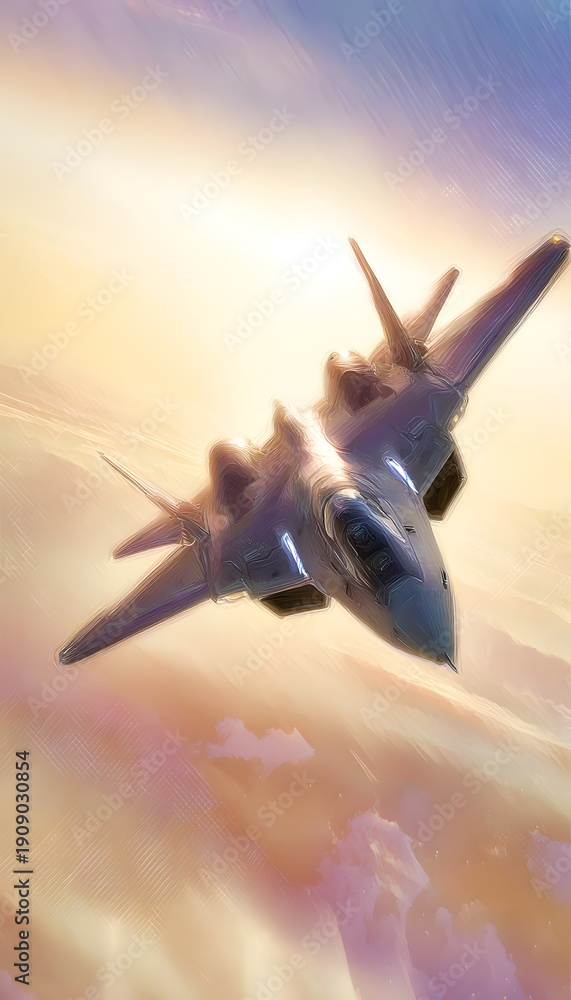 Obraz premium Futuristic combat aircraft illustration showcases modern technology against a vibrant sunset sky backdrop