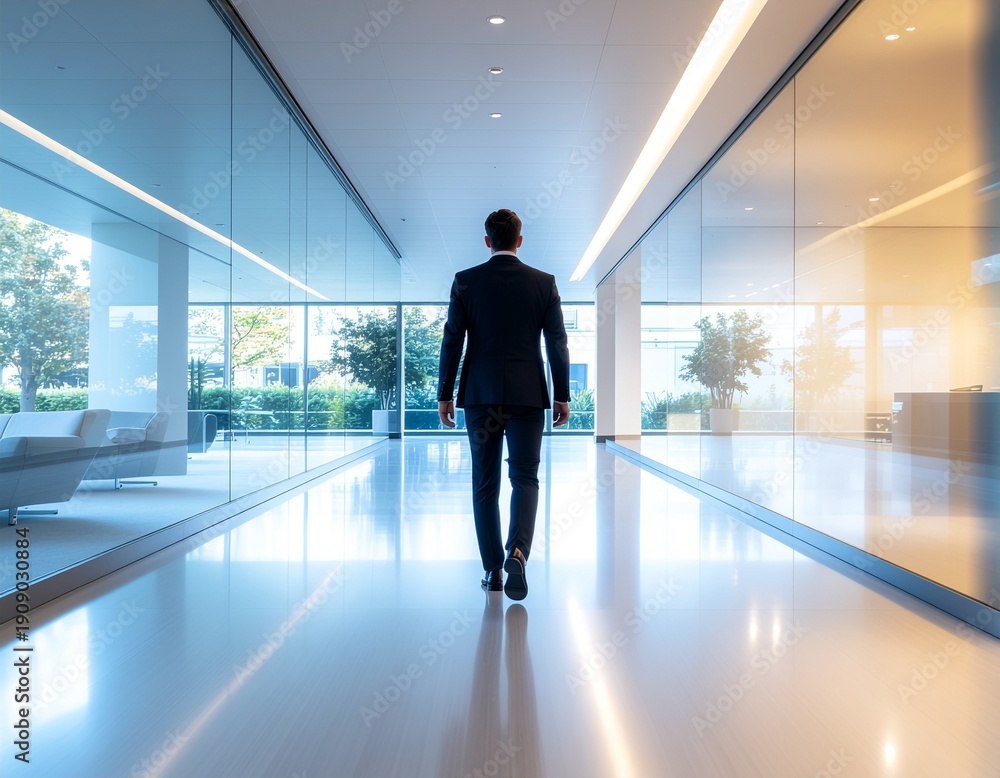 Fototapeta premium Confident businessman walking through modern office hallway with glass walls