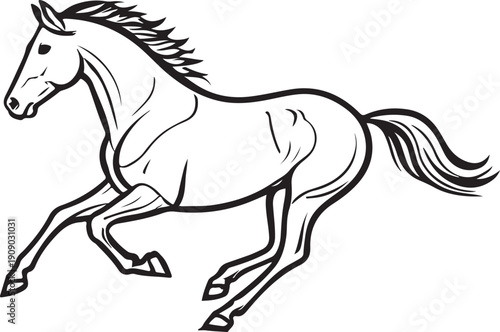 Black and white line art illustration of a powerful horse galloping across a white background
