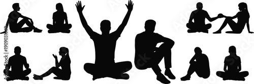 People sitting silhouettes collection, meditation yoga poses, relaxed lifestyle activity, casual seated positions, isolated black human figure vector illustration for design use