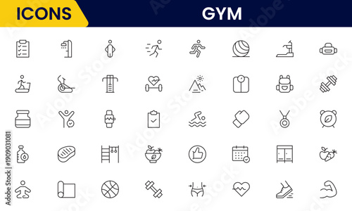 Gym and fitness icon set. It contains healthy lifestyle, weight training, body care, and workout or exercise equipment icons. Vector illustration web line icon collection 