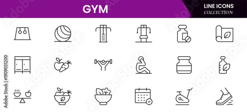 Gym and fitness icon set. It contains healthy lifestyle, weight training, body care, and workout or exercise equipment icons. Vector illustration web line icon collection 