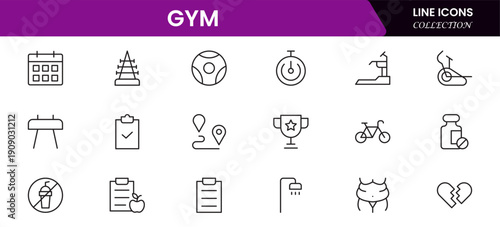 Gym and fitness icon set. It contains healthy lifestyle, weight training, body care, and workout or exercise equipment icons. Vector illustration web line icon collection 
