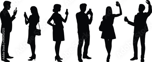 People using smartphone silhouette collection, men and women standing and taking photos, social media communication concept isolated on white background design