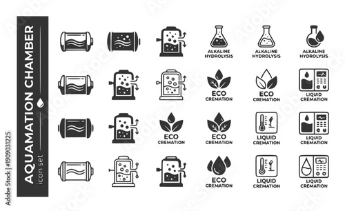 Aquamation Chamber Water-Cremation Horizontal-Cylinder Alkaline-Hydrolysis Eco-Cremation Liquid-Cremation Green-Death Vector Icon Set - Water Cremation