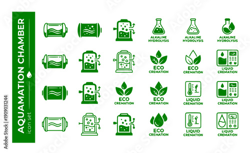 Aquamation Chamber Water-Cremation Horizontal-Cylinder Alkaline-Hydrolysis Eco-Cremation Liquid-Cremation Green-Death Vector Icon Set - Water Cremation