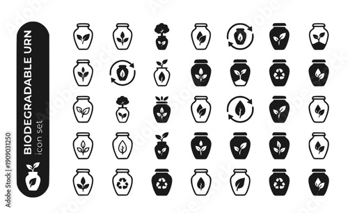 Biodegradable Urn Leaf-Sprout Seedling-Urn Eco-Urn Green-Memorial Plant-Urn Natural-Urn Sustainable-Urn Vector Icon Set - Eco Urn