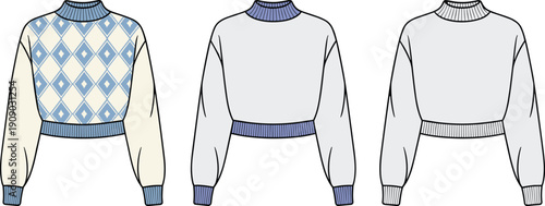Technical fashion flat sketch of a women's cropped knit sweater featuring argyle pattern and mock neck collar isolated on white background for vector.
