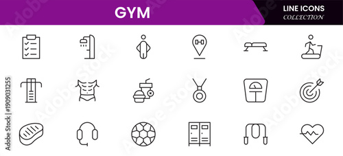 Gym and fitness icon set. It contains healthy lifestyle, weight training, body care, and workout or exercise equipment icons. Vector illustration web line icon collection 