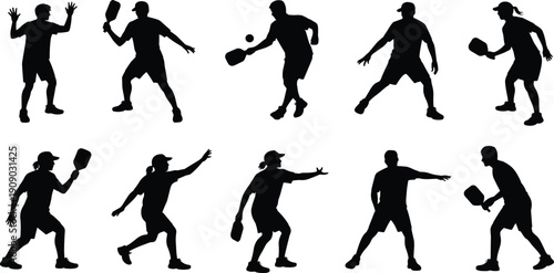Pickleball player silhouettes set isolated on white background, men and women playing paddle sport collection illustration