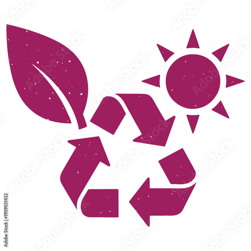 Purple ecofriendly recycling symbol with leaf and sun promoting sustainability and environmental awareness
