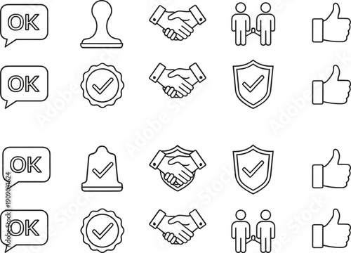 Approval and agreement line icons set with handshake, shield check, OK speech bubble and thumbs up vector collection
