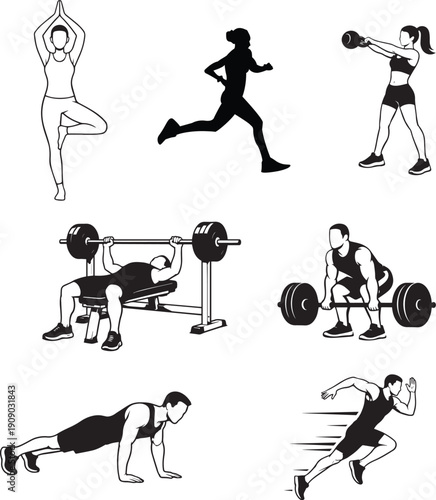 Gym workout and fitness exercise vector silhouette icons set. Collection of athletic people training in gym, minimalist flat vector art.
Male and female fitness silhouettes doing weightlifting, cardio
