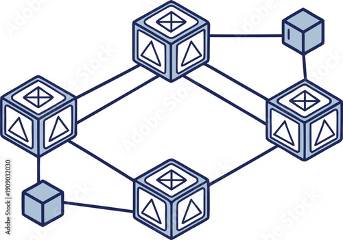 Blockchain Cube Network Icon – Decentralized Ledger Blocks Connected in Secure Distributed Network