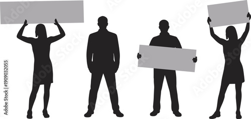 Protesters holding blank banners silhouette set isolated on white background, demonstration and social activism concept illustration