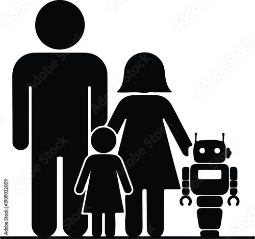 silhouette man woman child and robot posing as a modern family vector design