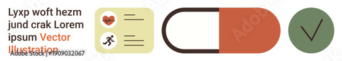 Healthcare, fitness tracking, medication, wellness, approvals, health records. Includes heart and running icons, a pill and a checkmark. Healthcare and fitness tracking concept