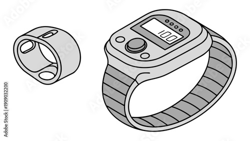 A vector graphic illustration of a smartwatch and its interchangeable band on a white background