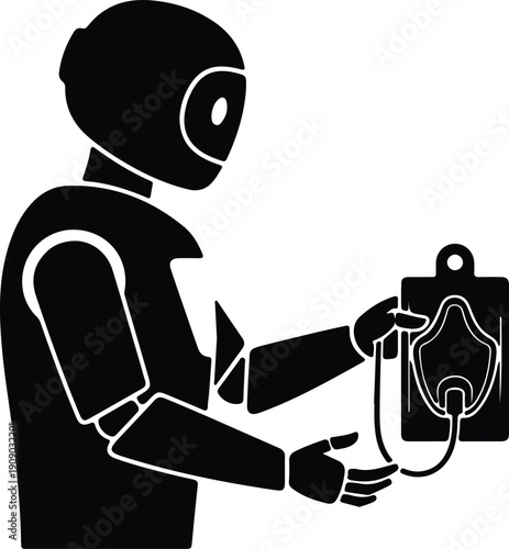 silhouette of a robot assistant holding a medical oxygen mask vector design