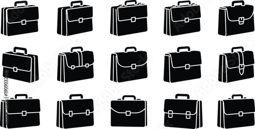 Collection of Professional Black Briefcase Vector Icons Featuring Various Business Bag Styles and Office Suitcase Designs for Professional Work and Corporate Identity Graphic Projects