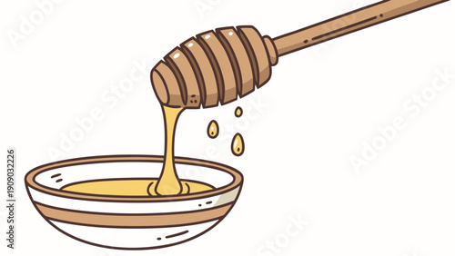 A vector graphic illustration of a honey dipper pouring honey into a bowl