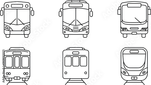 Collection of Minimalist Public Transportation Icons Featuring Front View Line Art of City Buses and Trains for Urban Travel and Commuter Transit Design Projects